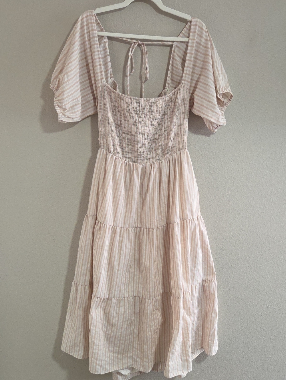 Lucy Paris Blush and White Striped Smocked Midi Dress